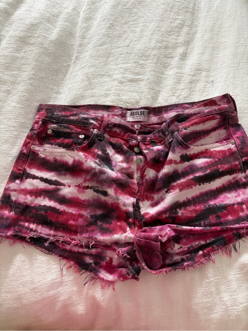 Agolde Pink and Black Tie-Dye Denim Cutoff Shorts
